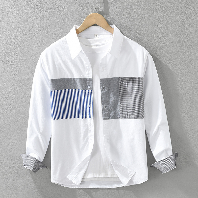 7361 Japanese-Style Patchwork Striped Long-Sleeve Shirt for Men, Oxford Fabric Casual Artistic Loose Top, Men's Clothing Wholesale
