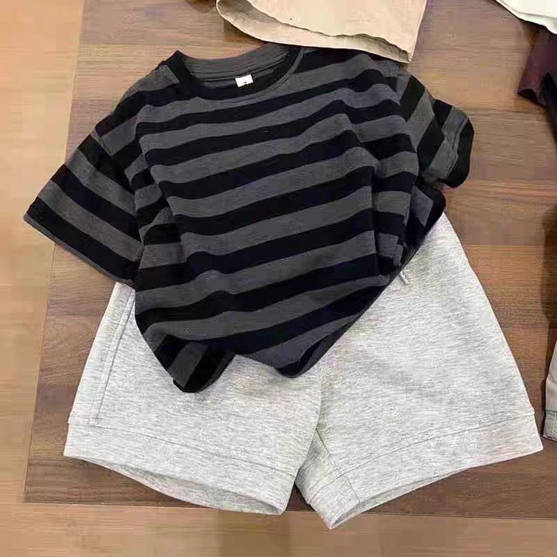 Summer Boys and Girls Suit Baby Stylish Children's Personality Trendy Korean Color-block Striped Short-sleeved T-shirt Sports Shorts