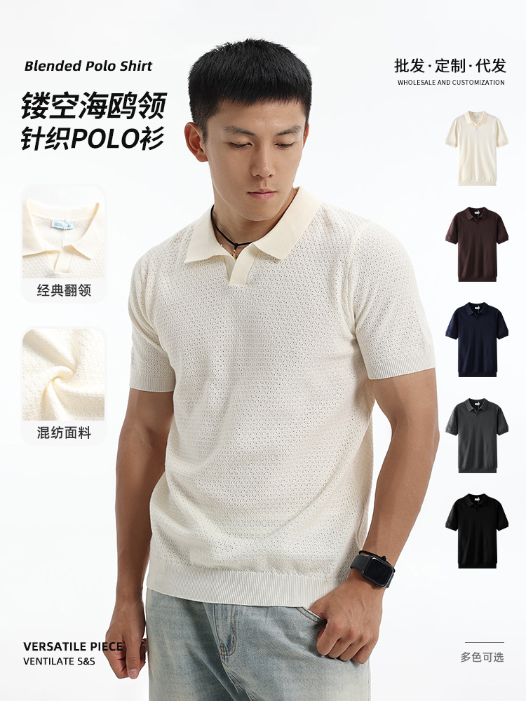 Cross-Border Men's Polo Shirt, Men's Short-Sleeved Seagull Collar Hollow Cotton Men's Knitwear, Summer Casual Breathable T-Shirt