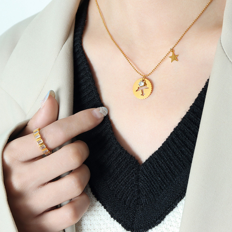 European and American Exaggerated Irregular Geometry Hollow Aircraft Inlaid Zircon Star Retro Fashion Hip Hop Titanium Steel Jewelry Women