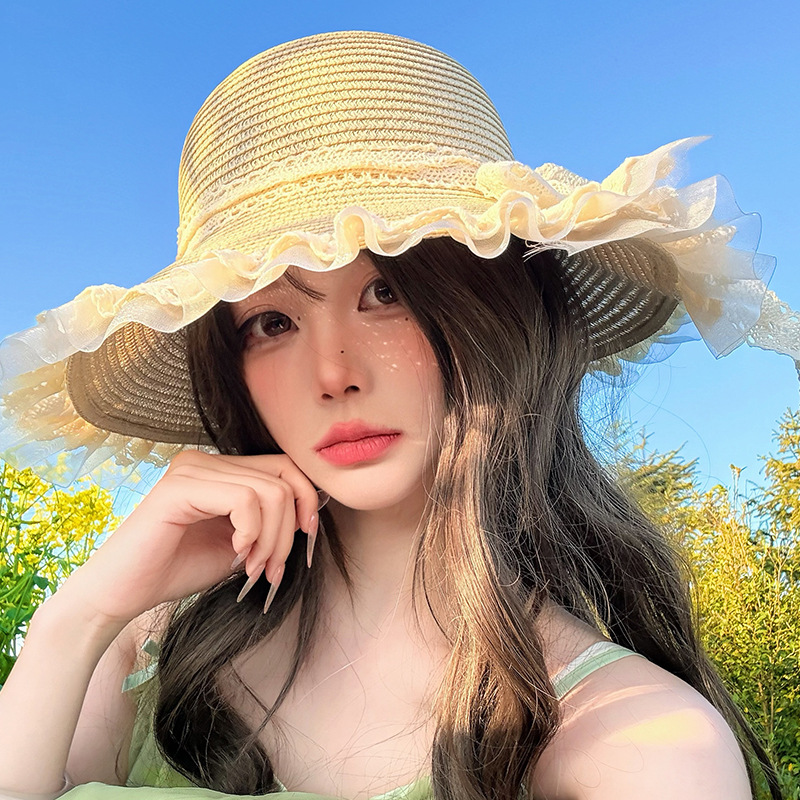 Summer Lace Bow Straw Hat, Pastoral Style, Large Brim Sun Hat for Women, Sweet Sun Hat for Women on Seaside Vacation