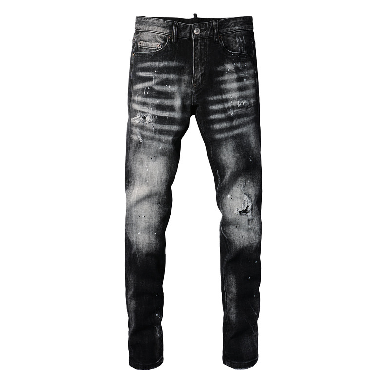 European and American High Street Fashion Ripped Men's Jeans Retro Distressed Black and Gray Slightly Elastic Slim Hong Kong Style Street Fashion Trousers for Men