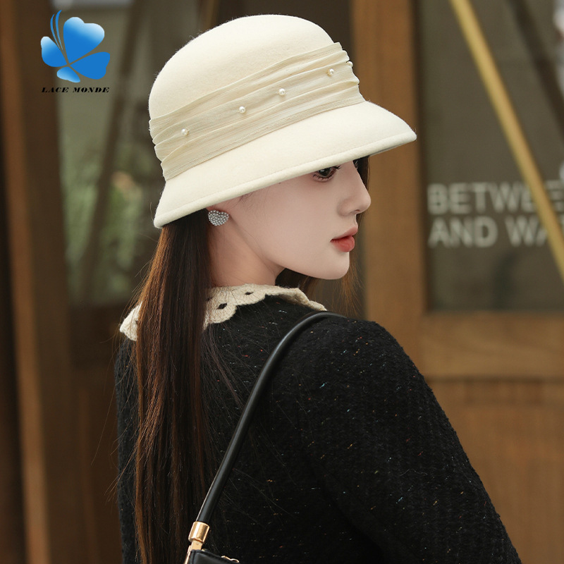 Autumn and winter new wool felt hat silk hemp pearl French elegant retro hat travel shopping face small wholesale