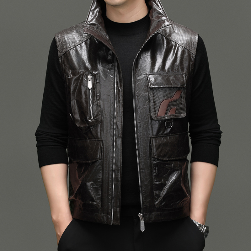 Haining Genuine Leather Jacket Cowhide Vest Oil Wax Vest Casual Stylish Trendy Short Jacket Top Motorcycle Clothing Men's Clothing
