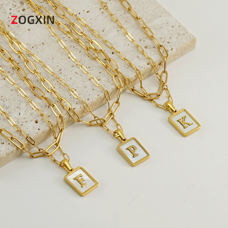 Cross-Border European and American Stainless Steel 18K Paperclip Stackable Letter Jewelry Necklace Square 26-Letter Pendant for Women Wholesale