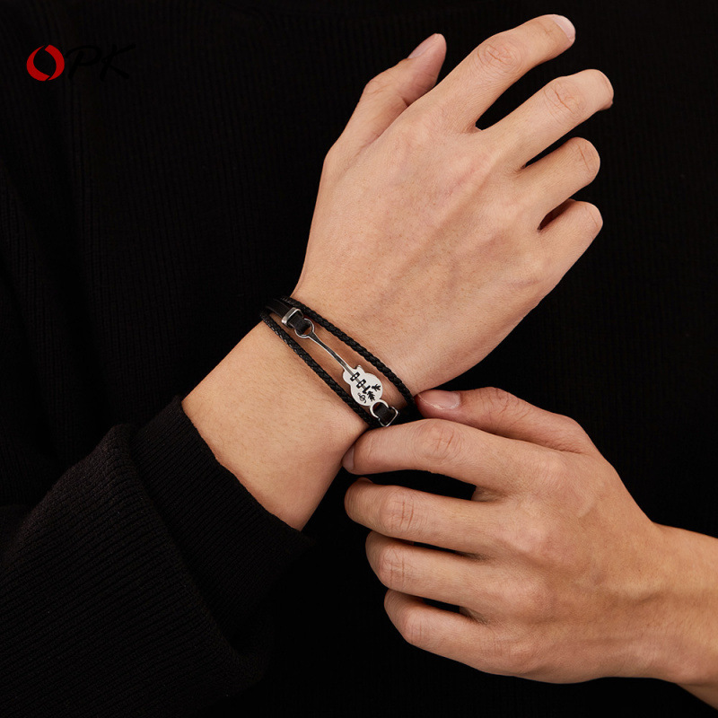 Factory direct fashion personality retro multi-layer woven titanium steel bracelet hip-hop trend Joker leather bracelet
