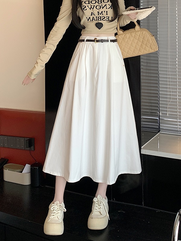 Real Shot of Spring/Summer High-Waisted, Hip-Covering, Slimming Mid-Length Washed Cotton Workwear-Style Flared Pleated Skirt