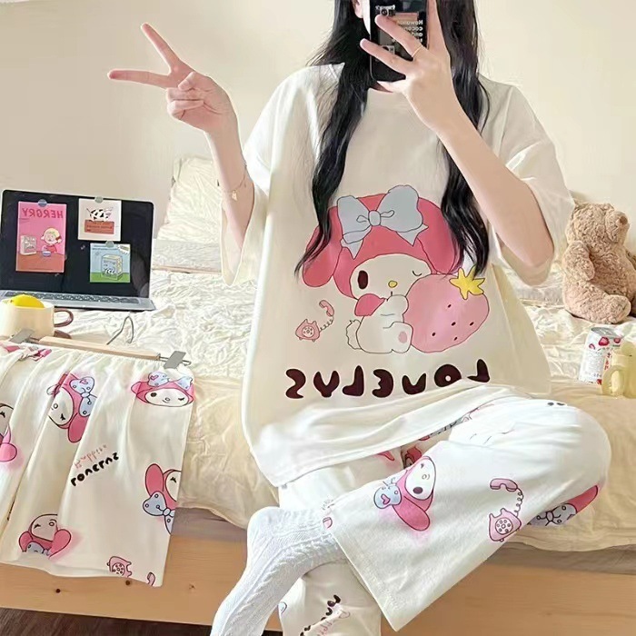 Pajamas for Women, New Summer Three-Piece Set, Short-Sleeved Trousers, Cartoon Sweet and Cute Loose-Fitting Girl's Home Clothes for Outer Wear