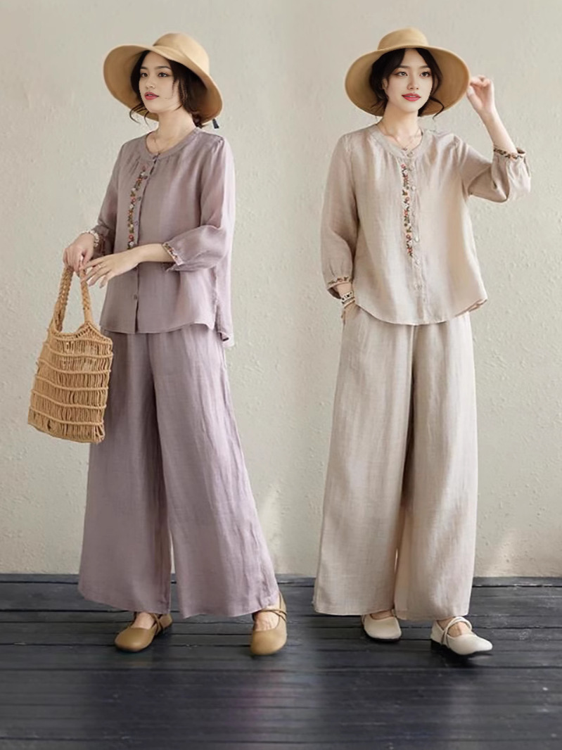 Spring and Summer New Retro New Chinese Style Chinese Style Embroidered Shirt Loose Casual Pants Two-Piece Casual Suit