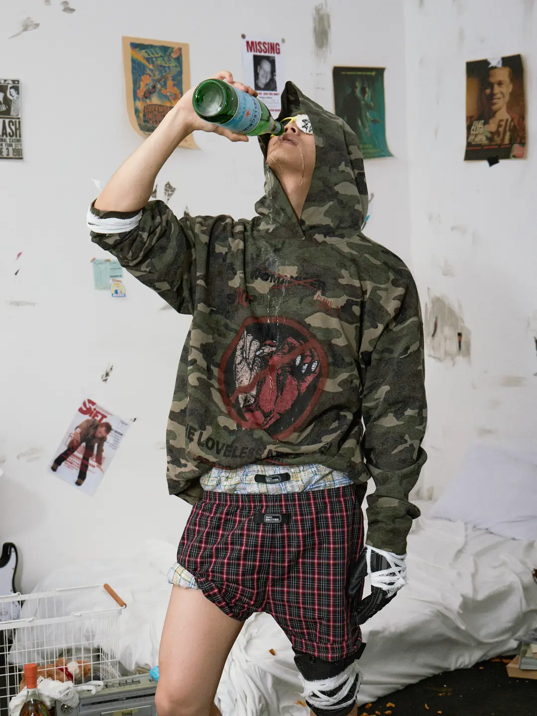 Emobrother* "Freedom Without Love" Print Camouflage Hooded Sweatshirt Washed Vintage Retro Pullover Hoodie