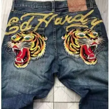 New Tiger Pattern Jeans Men's Stretch Slim-fit Straight Long Pants Men's All-match Casual Trendy Jeans