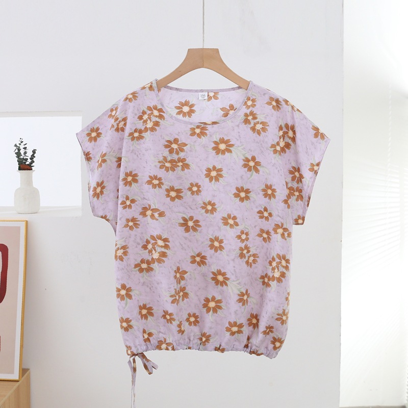 Summer Thin Cotton Silk Round Neck Short-Sleeved Draw-Waist T-Shirt for Women, New Style Printed Loose Slimming Versatile Casual Top
