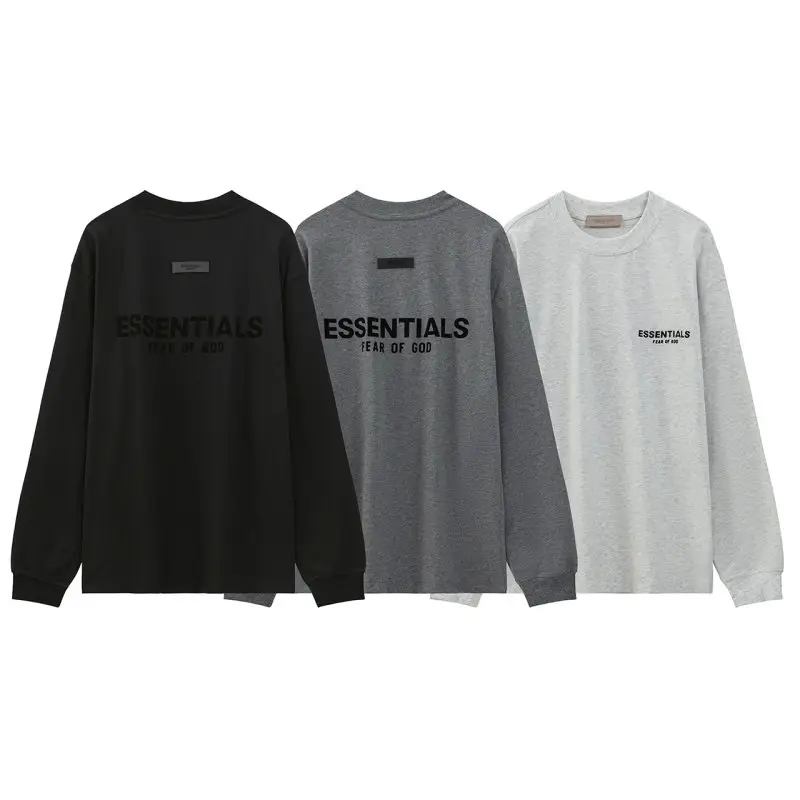 Fog Essentials American High Street Fashion Brand Letter Flocking Print Loose Cotton Long-Sleeved T-Shirt Base Layer