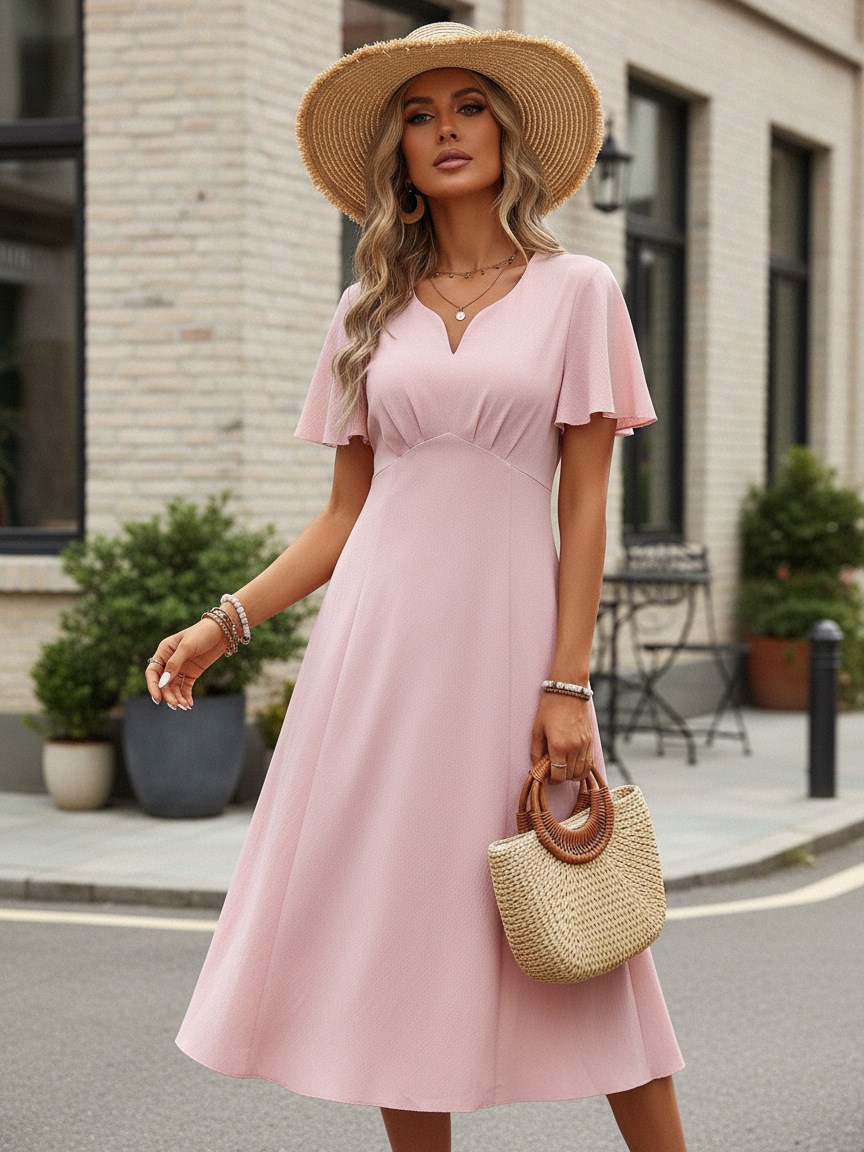Cross-Border 2026 Summer New French-Style Elegant Dress, Short-Sleeved V-Neck A-Line Mid-Length Dress, Versatile for Vacation and Commuting