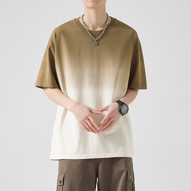 Cotton short-sleeved T-shirt men's summer new gradient color loose round neck T-shirt trendy ins versatile fashion top