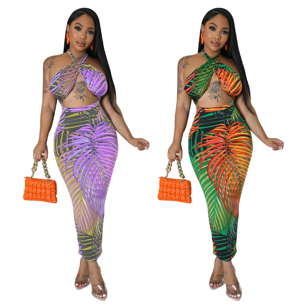 K10426 Amazon Women's 23 New European and American Sexy Sleeveless Strap Backless dress Split Print Long Dress