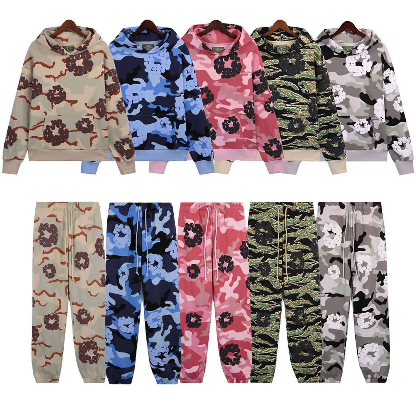 Cross-Border European and American Trendy Brand Full-Print Camouflage Kapok Foam Print Hoodie Sweatshirt Men's and Women's Pants Suit