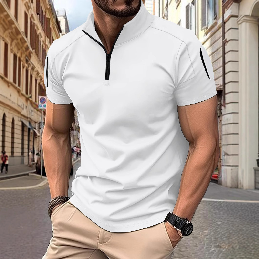 Cross-border European and American men's summer daily leisure tactical training stitching arm pocket stand collar solid color short sleeve Polo