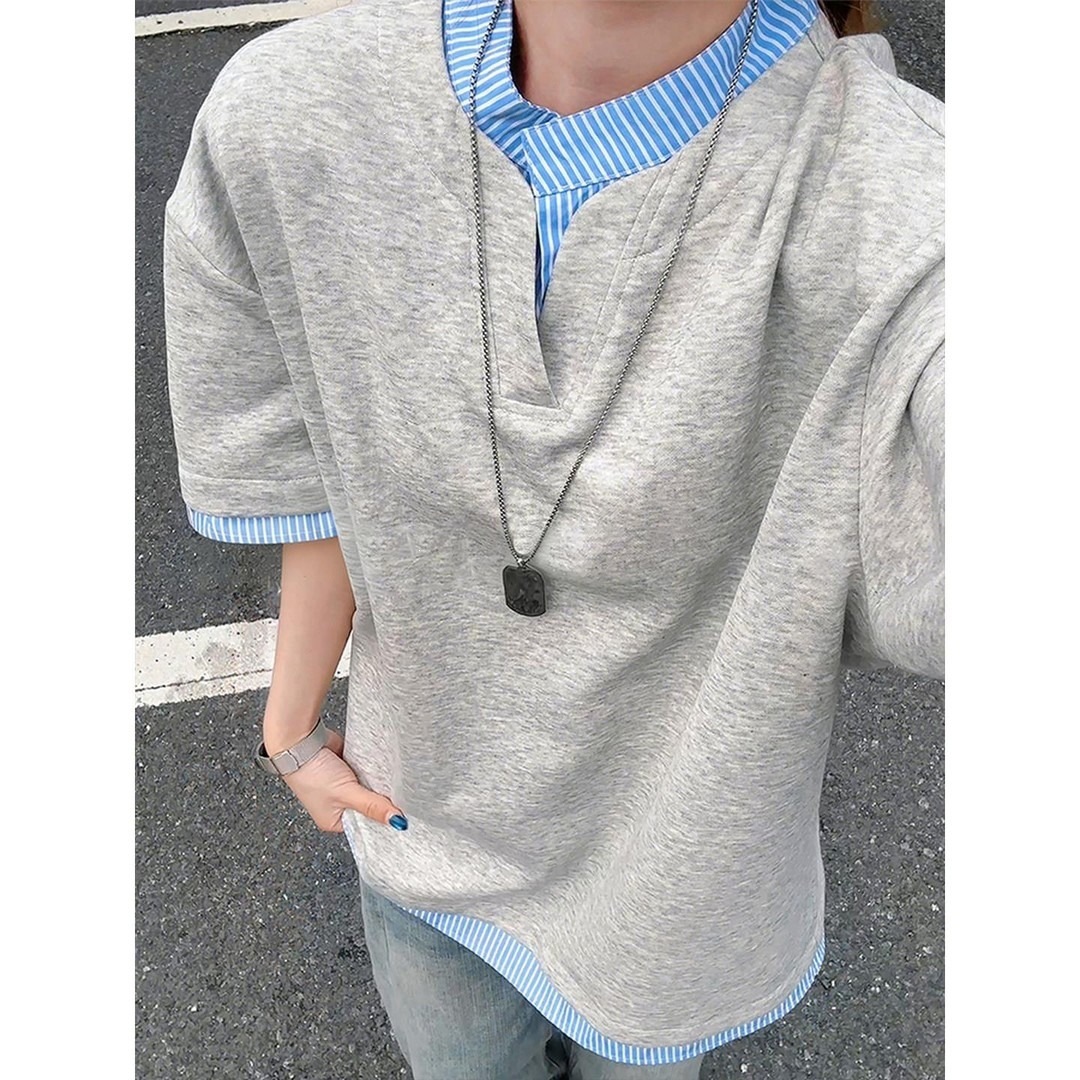American-Style Fake Two-Piece Henry V-Neck Short-Sleeve T-Shirt for Men, Summer High-End Striped Patchwork Short-Sleeve Couple's Polo Shirt
