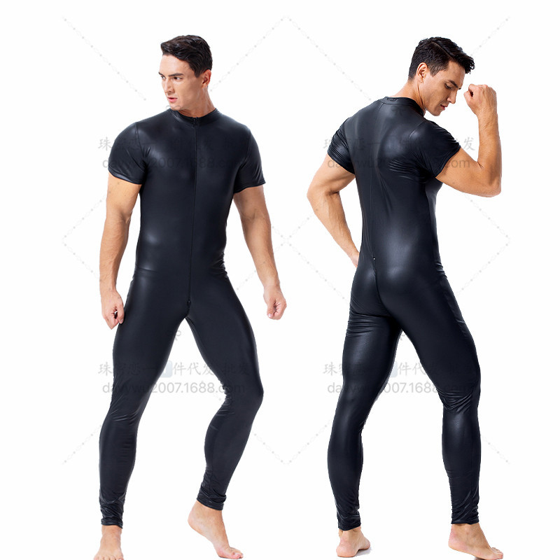 European and American Patent Leather Tight Jumpsuit Sexy Men's Double Zipper Crotch Performance Clothing Nightclub Ds Short-Sleeved Clothing
