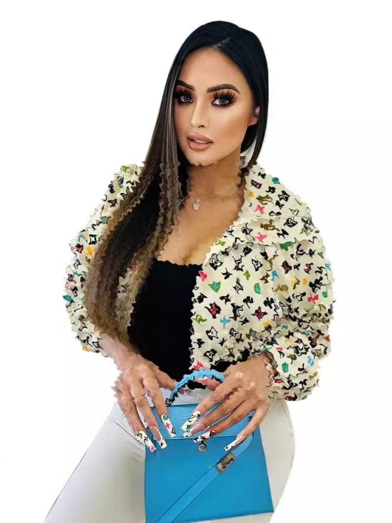 Y71532 European and American women's cross-border woven new top printed long-sleeved short coat in stock