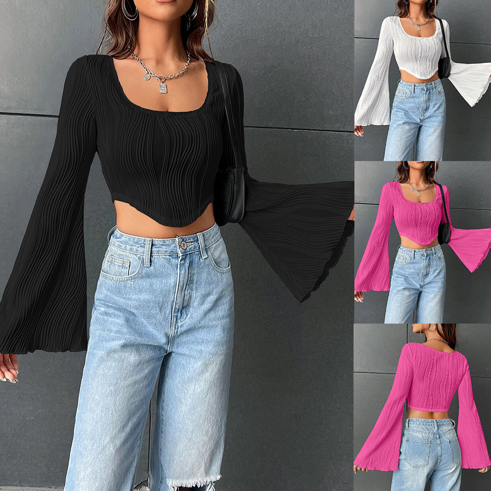European and American cross-border 2024 new solid color U-collar navel slimming fashionable flared long-sleeved top sexy short T-shirt for women