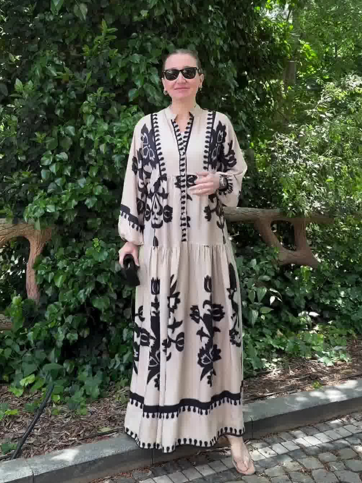 2024 European and American Cross-Border Summer New Long-Sleeved Long Skirt Casual Women's Pullover Printed Retro Pattern Dress