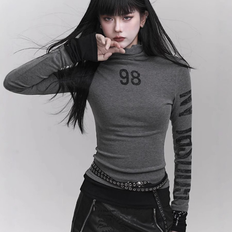 Cross-Border American-Style Street Fashion Autumn and Winter New High-Neck Letter Print Slim-Fit Base Shirt Long-Sleeve Top Wholesale