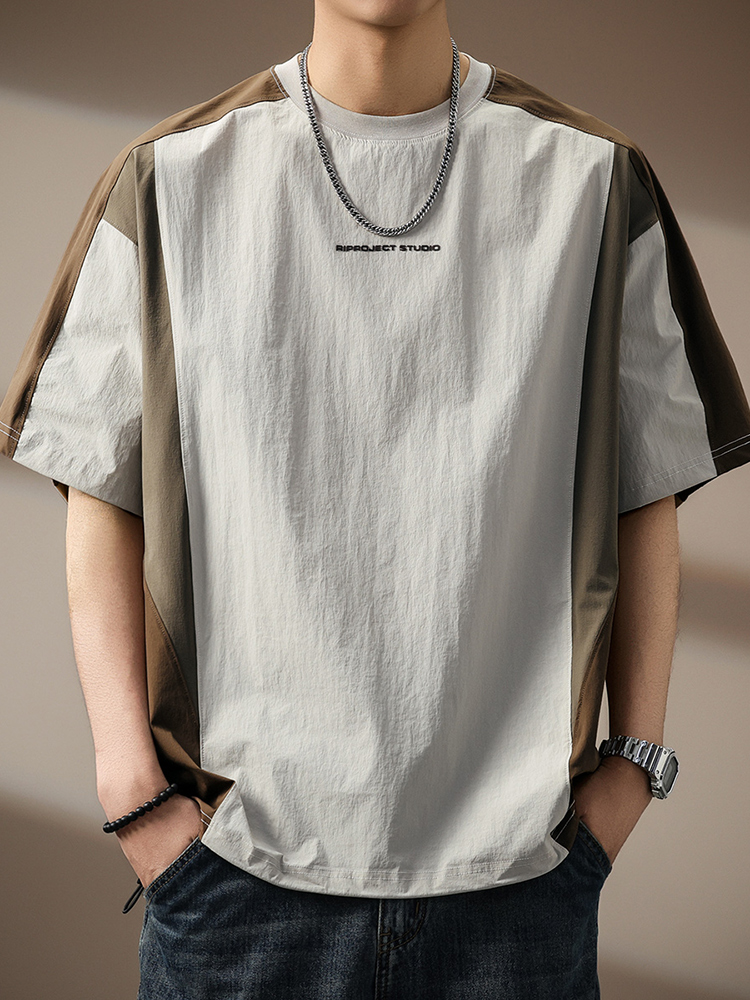 Men's Color-Blocked Quick-Dry Cool T-Shirt, Summer Thin Style, Raglan Splicing Top, Short-Sleeve Outdoor Sports Shirt