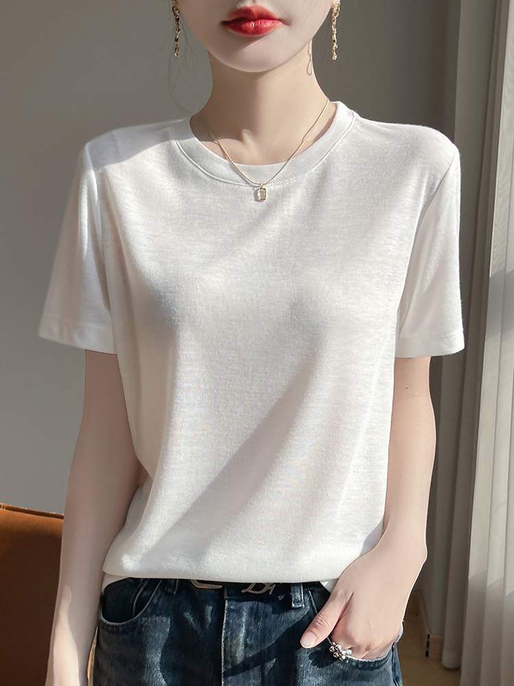26 Summer Round-Neck Lyocell Tencel Knit Short-Sleeve Women's Solid Color Versatile Top Loose Slimming T-Shirt