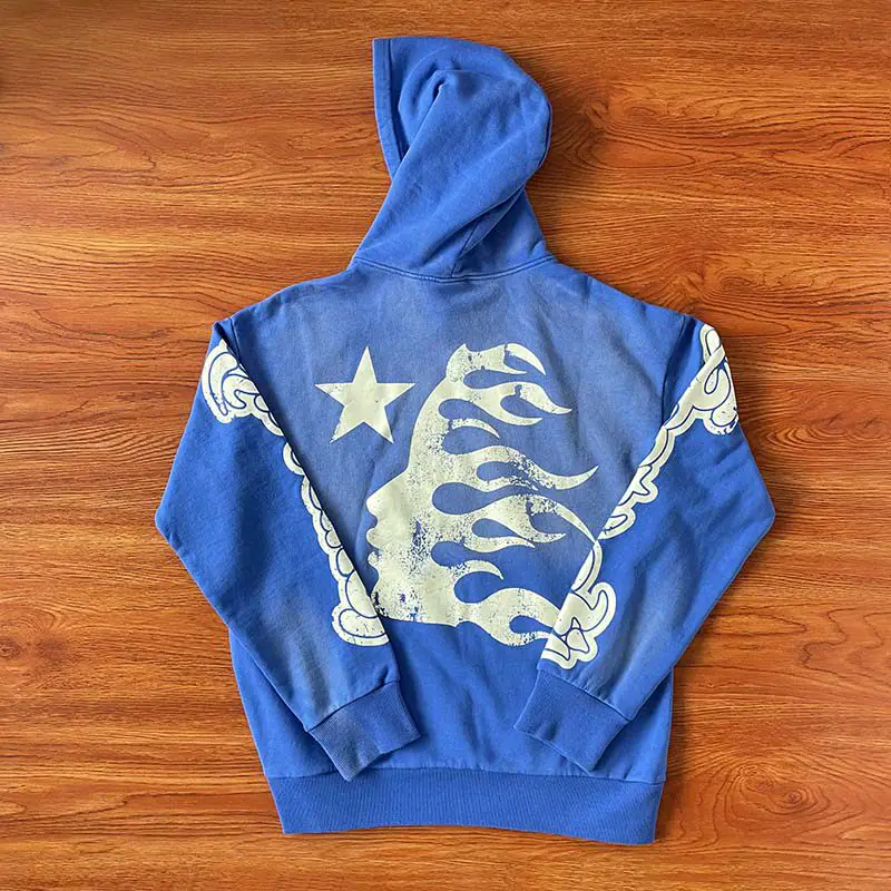 Hellstar Blue Yoga Hoodie Pants Washed Heavy-Duty Patchwork Unisex Casual Sweatshirt Pants