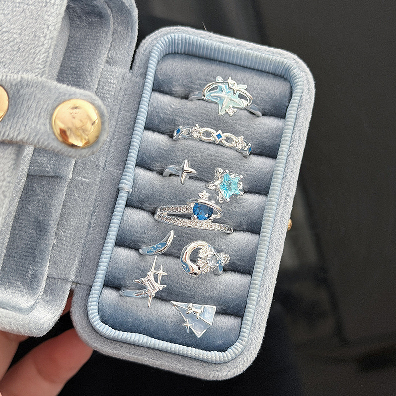 Sweet, Cool, Dreamy Style Interstellar Star Sea Blue Enamel Diamond Open Ring Niche Stacking High-End Ring for Women