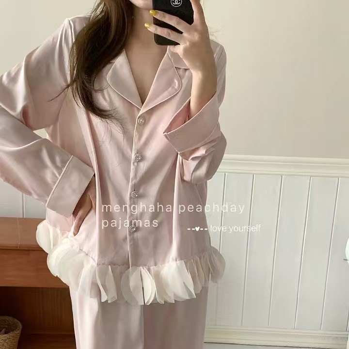 [Butterfly Fairy] Spring and Summer New High-grade Jacquard Ice Silk Long Sleeve Trousers Lotus Leaf Petal Home Clothes Women
