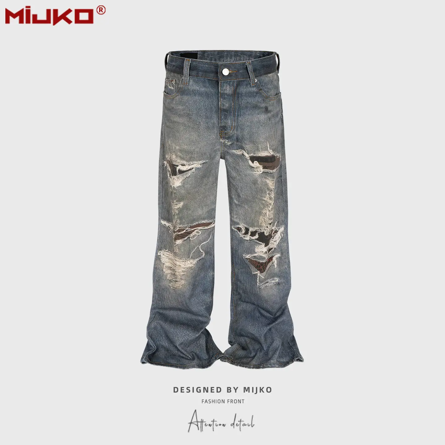 American Retro High Street Flared Wide-Leg Pants Unisex Digital Ripped Print Distressed Washed Blue Jeans