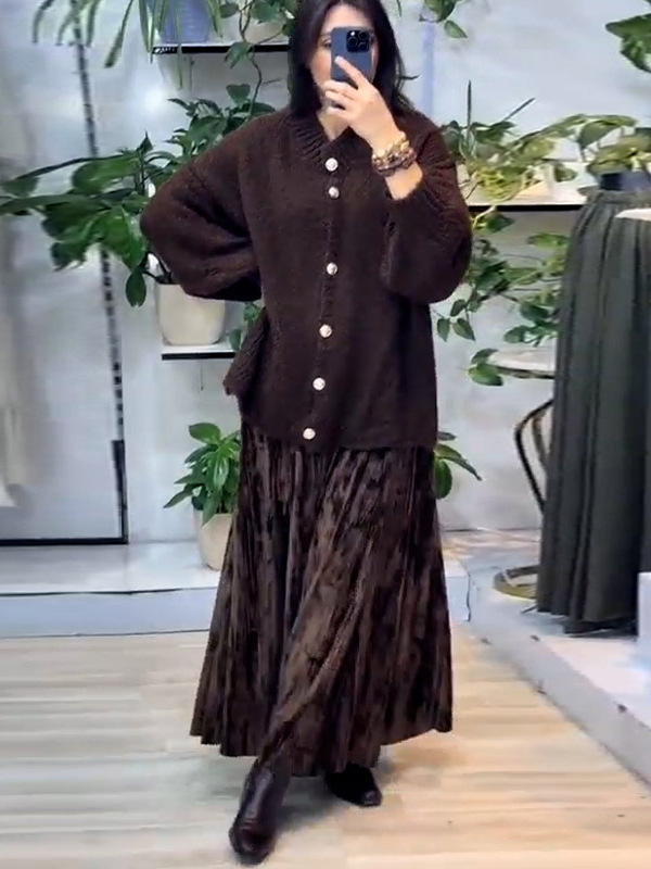 2025 Cross-border French Sweet High-end Crewneck Mahair Long Sleeve Pullover Knitted Gold Velvet Skirt Long Skirt suit