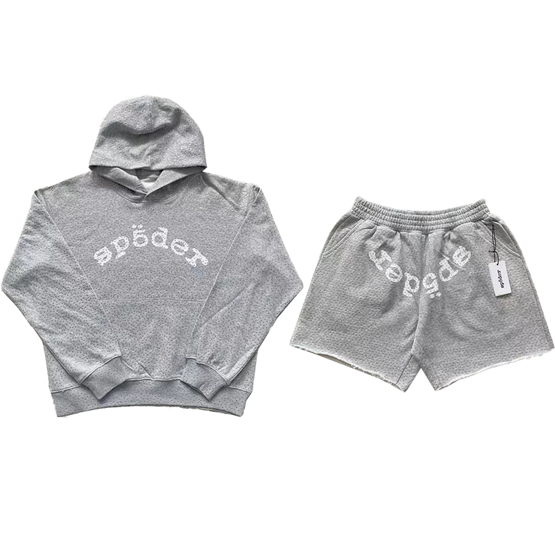 Sp5der worldwide 555555 letter printed rhinestone sports casual shorts sweatshirt set