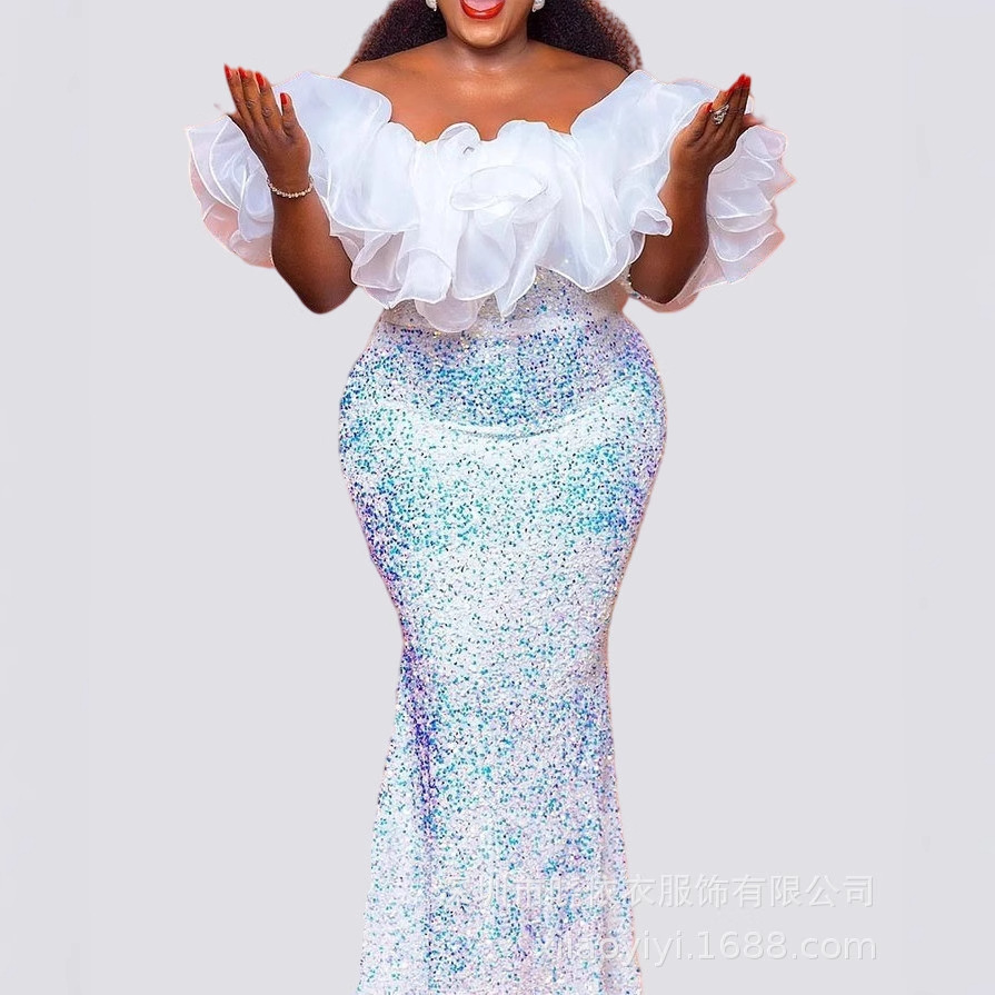 Amazon Cross-Border European and American New Style One-Shoulder Sexy Strapless Sequin Embroidered Plus-Size Women's Fitted Dress Gown