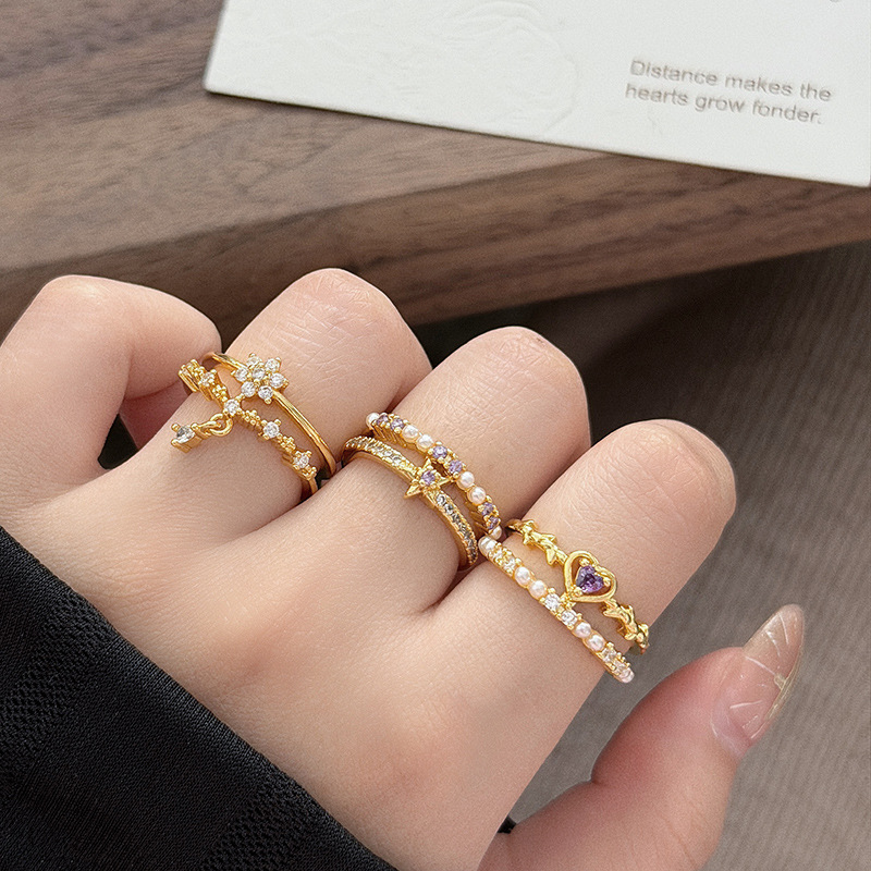 Sweet Girl Princess Light Luxury Purple Shell Pearl Double Layer Zircon Open Ring Niche Design High-End Stackable Ring for Women