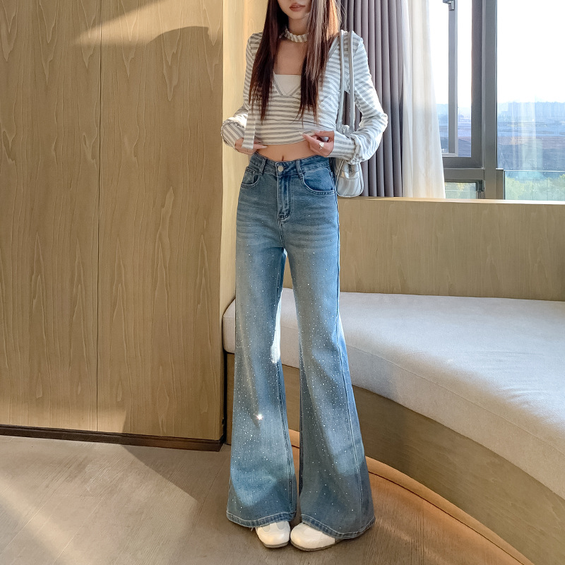 Sparkling Rhinestone Flared Jeans for Women, New Spring Style, Slimming High-Waisted Loose Fit, Non-Tight Bootcut Pants