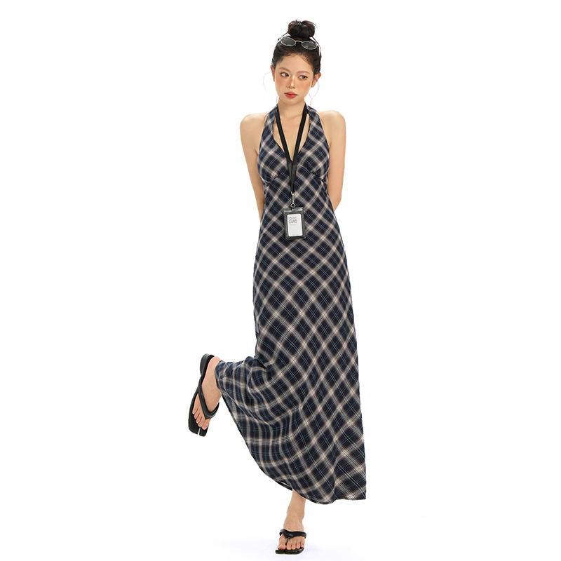 25th ootd! | high-end sense plaid neck dress summer temperament dress sexy backless skirt