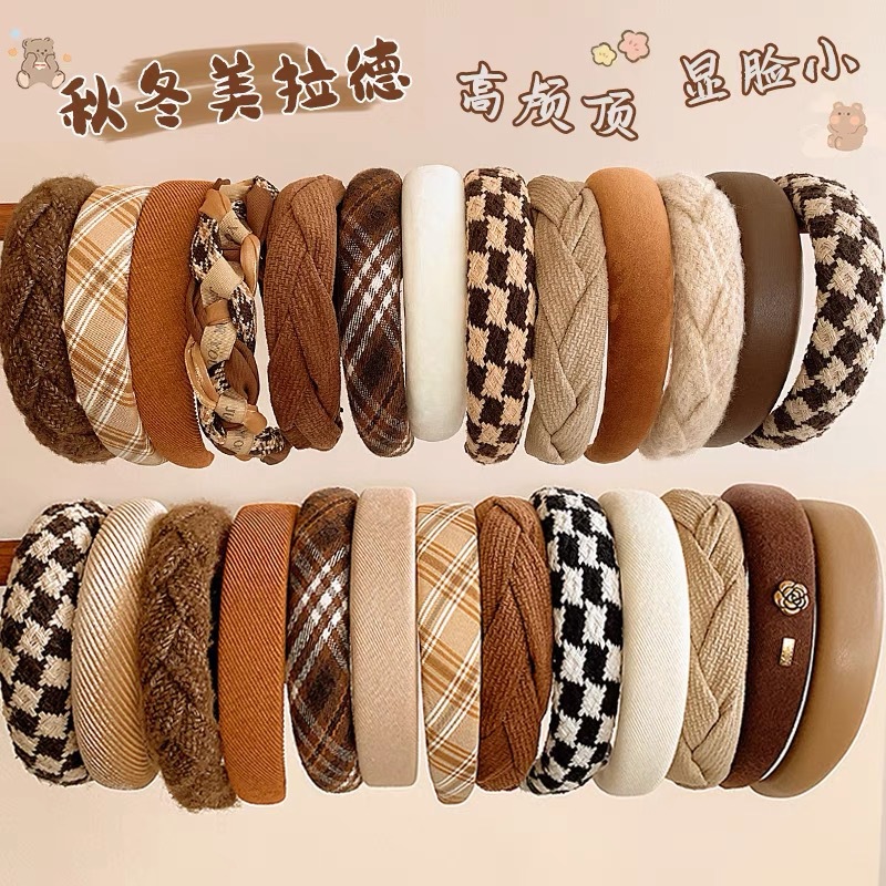 South Korea autumn and winter Maillard Brown series handmade headband sponge thickened velvet headdress women's high-grade all-match headband