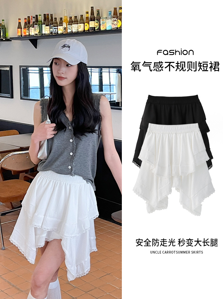 White Lace Skirt for Petite Women, Spring/Summer 2026 New Style, Irregular High-Waisted A-Line Tiered Short Skirt