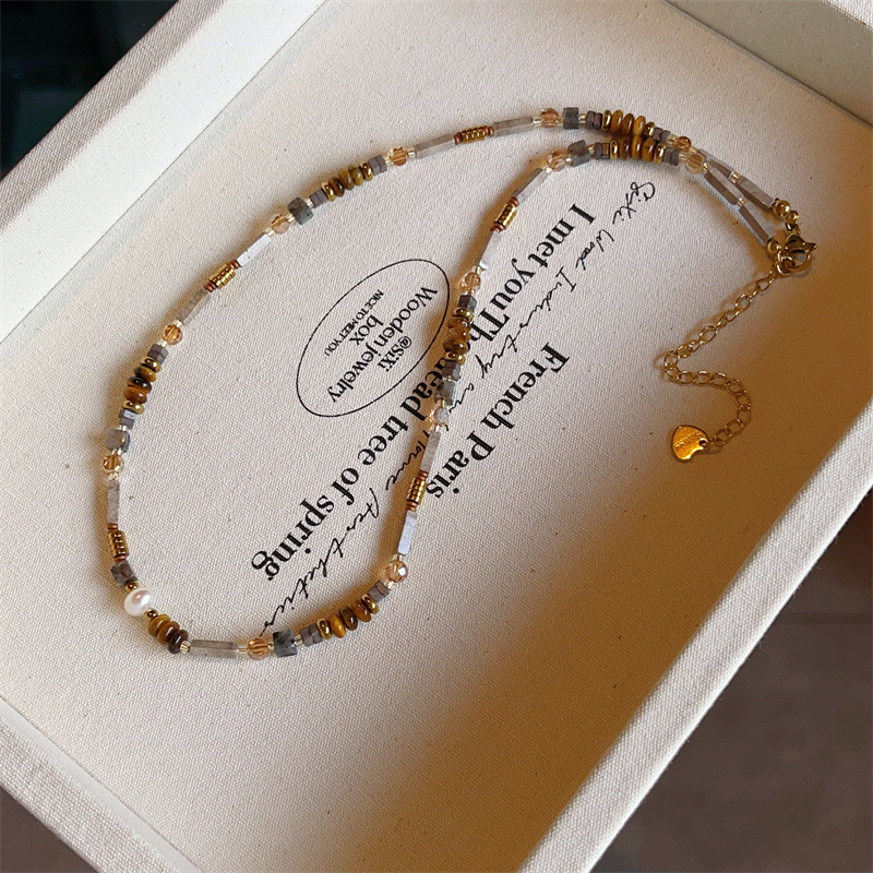 Maillard Style Retro Niche Natural Stone Tiger Eye Stone Beaded Necklace Women's Accessible Luxury Niche Elegant Clavicle Chain Accessories