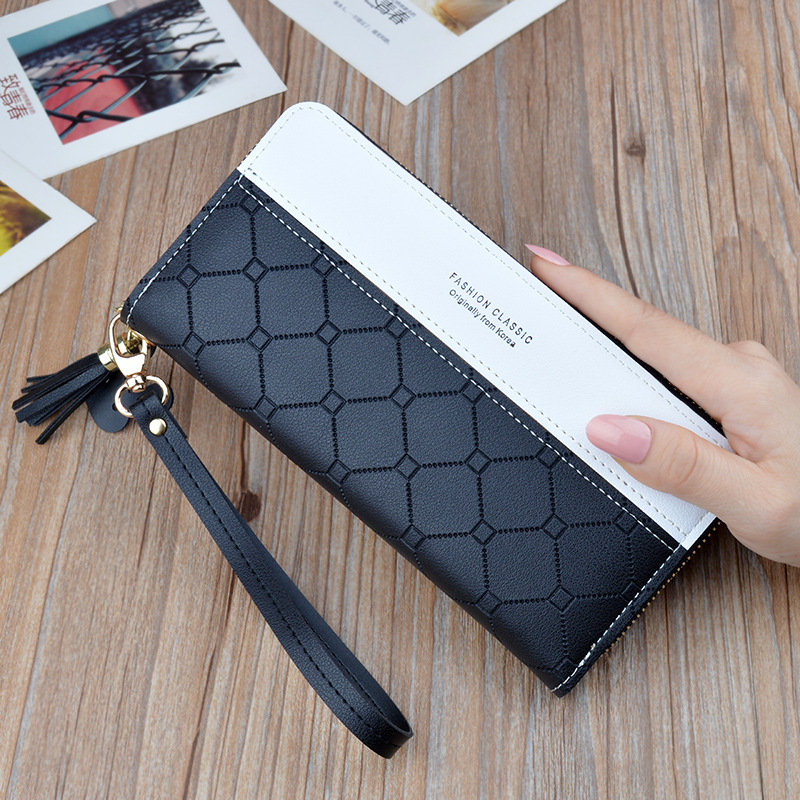 New Clutch Bag Women's Wallet Women's Long Zipper Tassel Korean-style Contrast Color Plaid Large Capacity Wallet Mobile Phone Bag