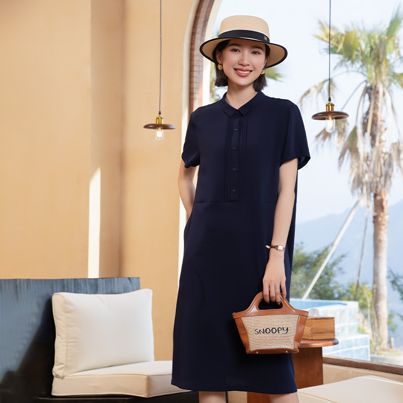 Yun Yun Summer New Simple Women's Skirt Loose Casual Mid-Length High-End Half-Open Collar Dress for Women