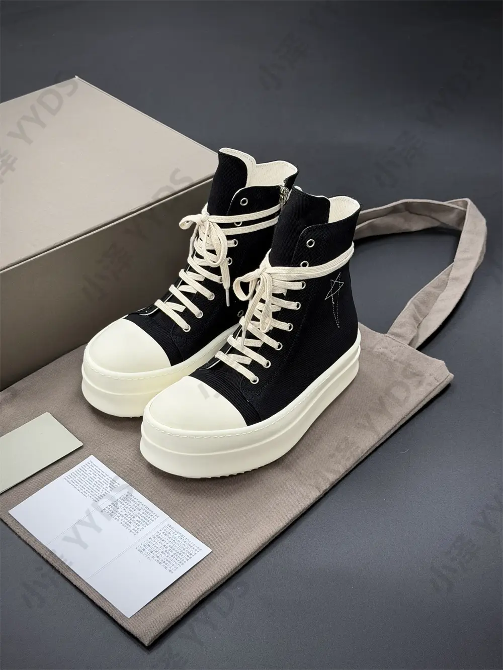 Rick Ocean Ro Independent Sub-Brand Five-Pointed Star Canvas Milk-Colored Sole Dark Black and White Thick-Soled High Street High-Top Shoes