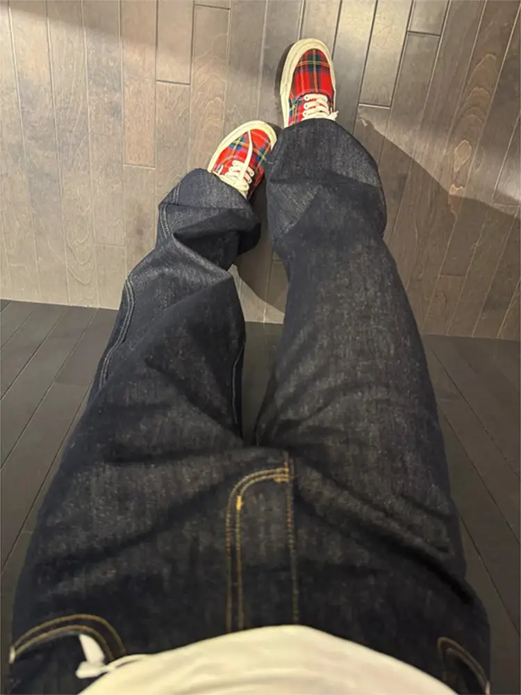 Fashion hiphop Street Pants Retro Dark Blue Ming Line Denim American vibe Style Loose Straight Pants