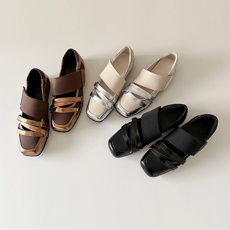 Soft Leather Version~Functional Style Square-Toe Velcro Mary Jane Shoes for Women, New Spring and Autumn Commuter Thick-Soled Shallow Ballet Shoes