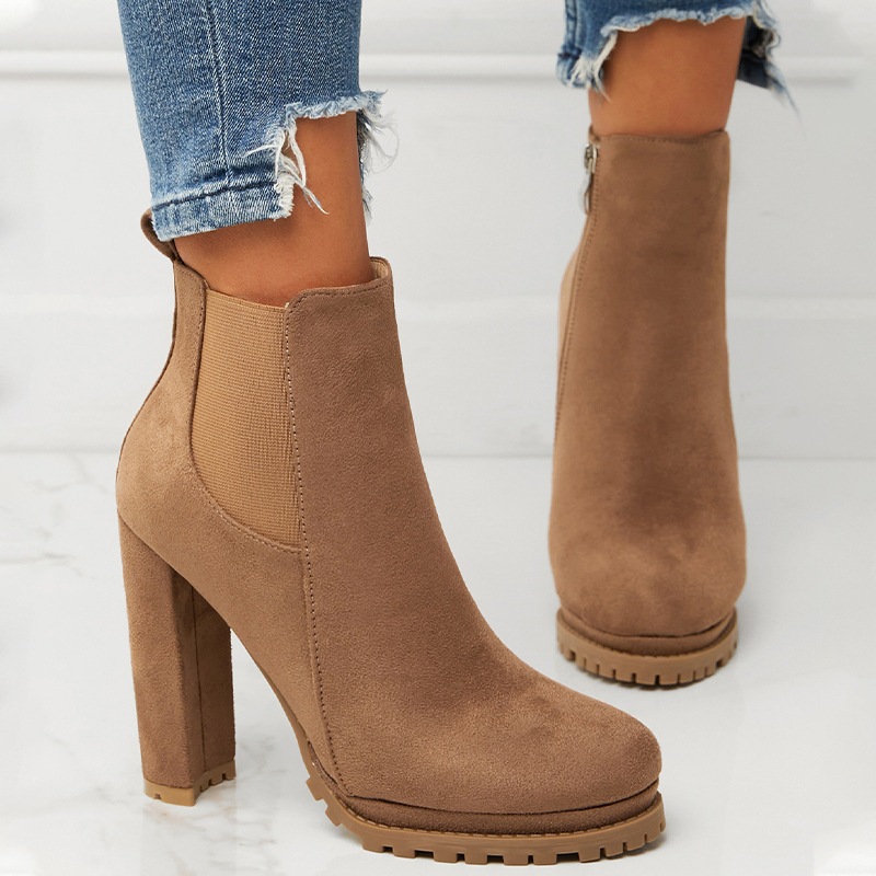 in stock Ankle Boots Autumn and Winter Women's Boots Round Toe Thick Heel Chelsea Boots Black Platform High Heels Women booties