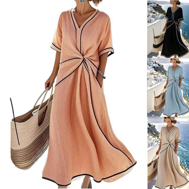 2026 Summer New European and American Cross-Border Fashion Loose V-Neck Elegant Short-Sleeved Dress High-End Women's Clothing
